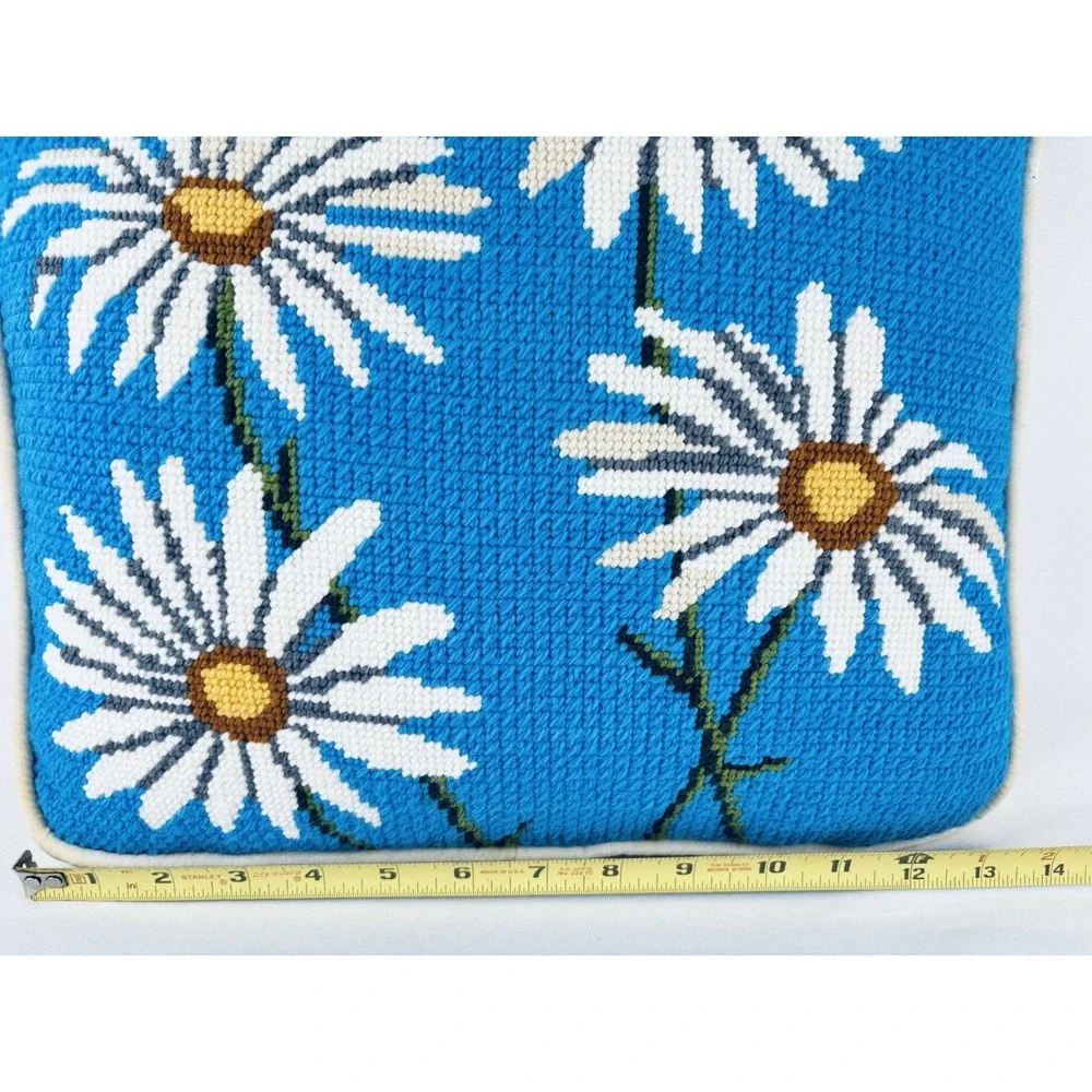 Vintage Needlepoint Daisy Floral Throw Pillow 14